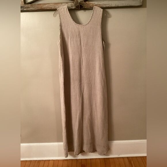 FLAX JEANNE ENGELHART VINTAGE LINEN SEERSUCKER OATMEAL MAXI TANK DRESS LAGENLOOK - Picture 1 of 6